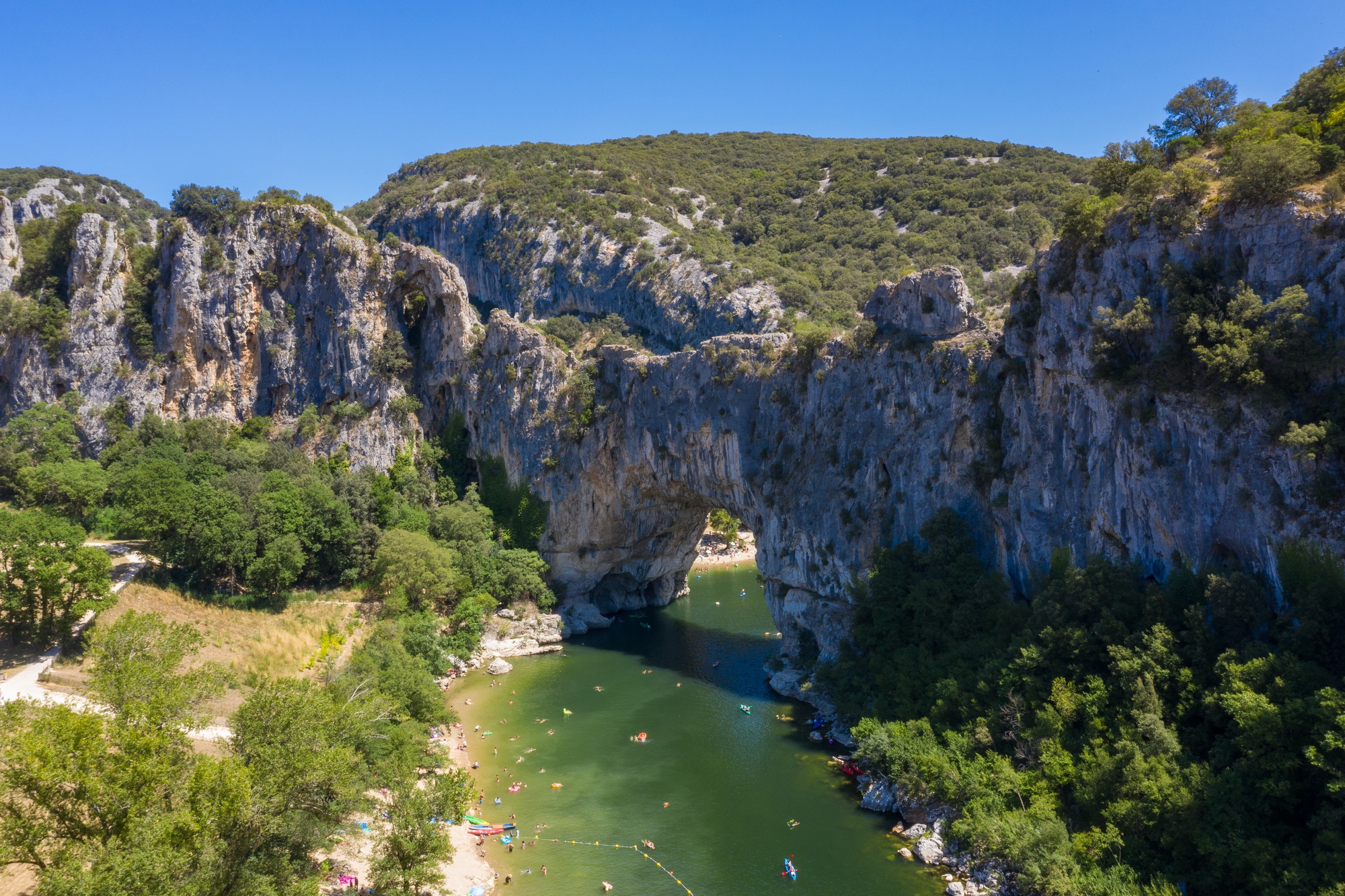 Aerial view of Narural arch in Vallon Pont D'arc in Ardeche canyon in France